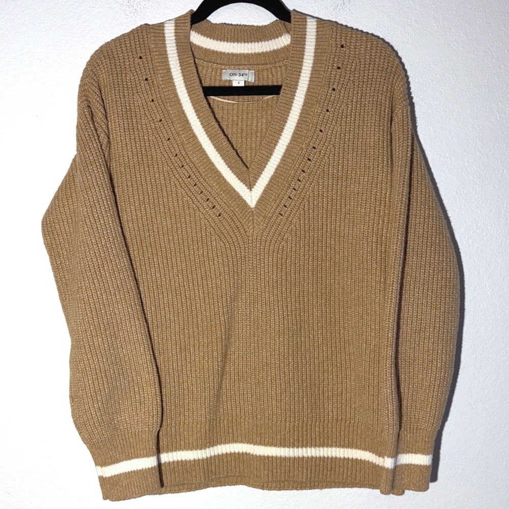 On 34th Womens V-Neck Shaker Stitch Sweater Camel Brown White Stripe Size S